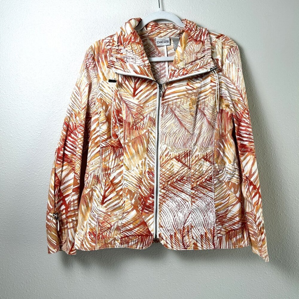 Chicos Jacket Womens Size M 1 Orange White Leaf Palm Floral Full Zip Stretch